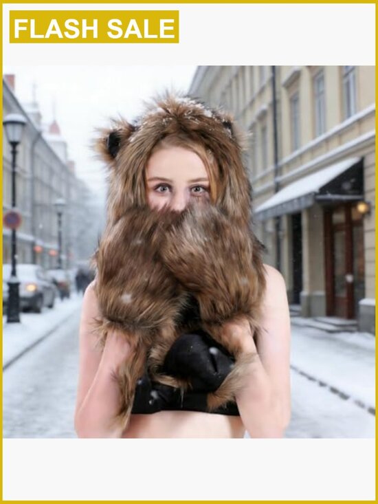 3-in-1 Faux Fur Animal Hood Hat Scarf Gloves Set Winter Warm Unisex main image 6